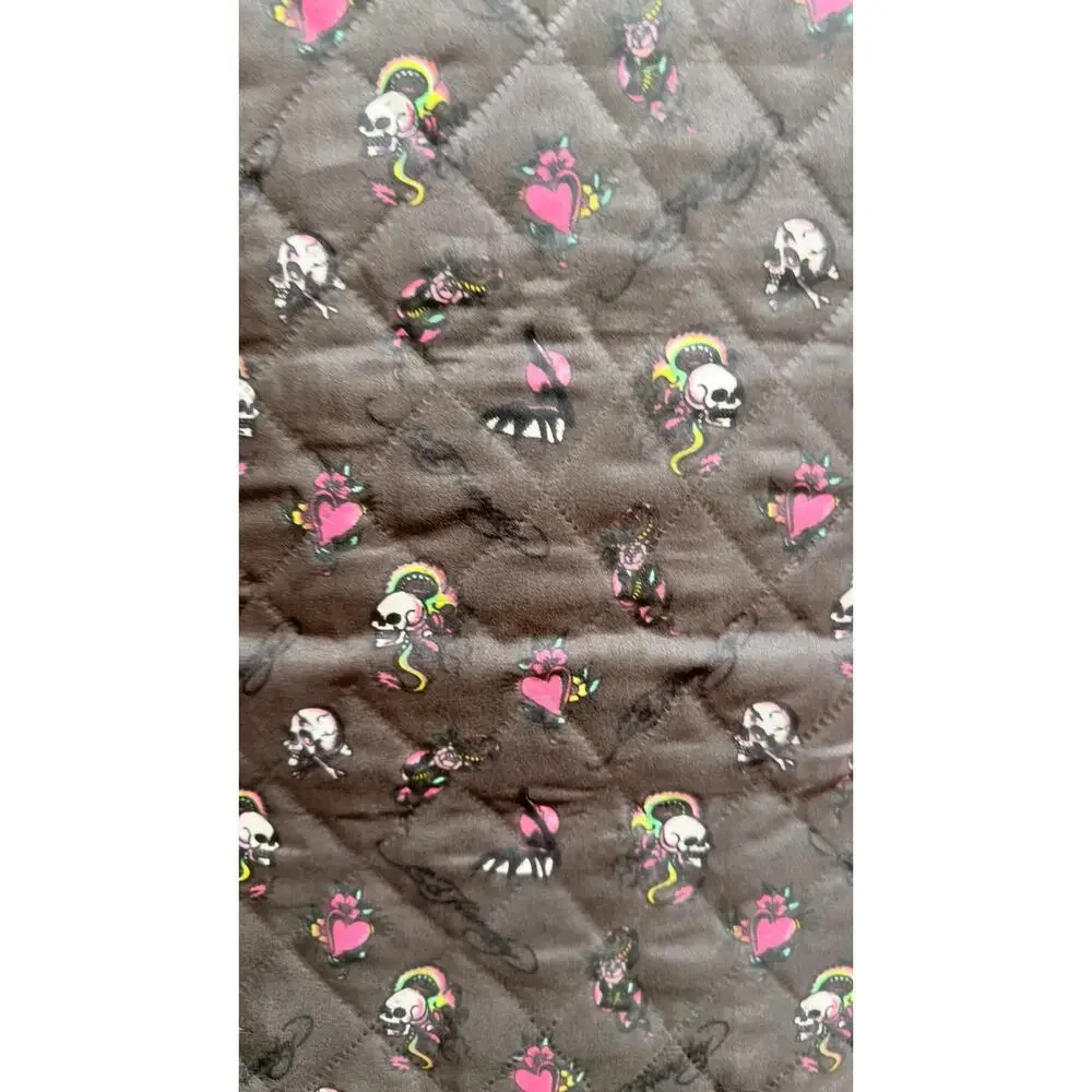 Ed Hardy 3 Piece King Quilt Set Skulls Hearts Tattoo Grey Pink NWT